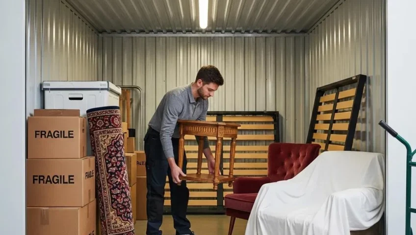 Man lifting a wooden side table while organising furniture and moving boxes inside a self storage unit.